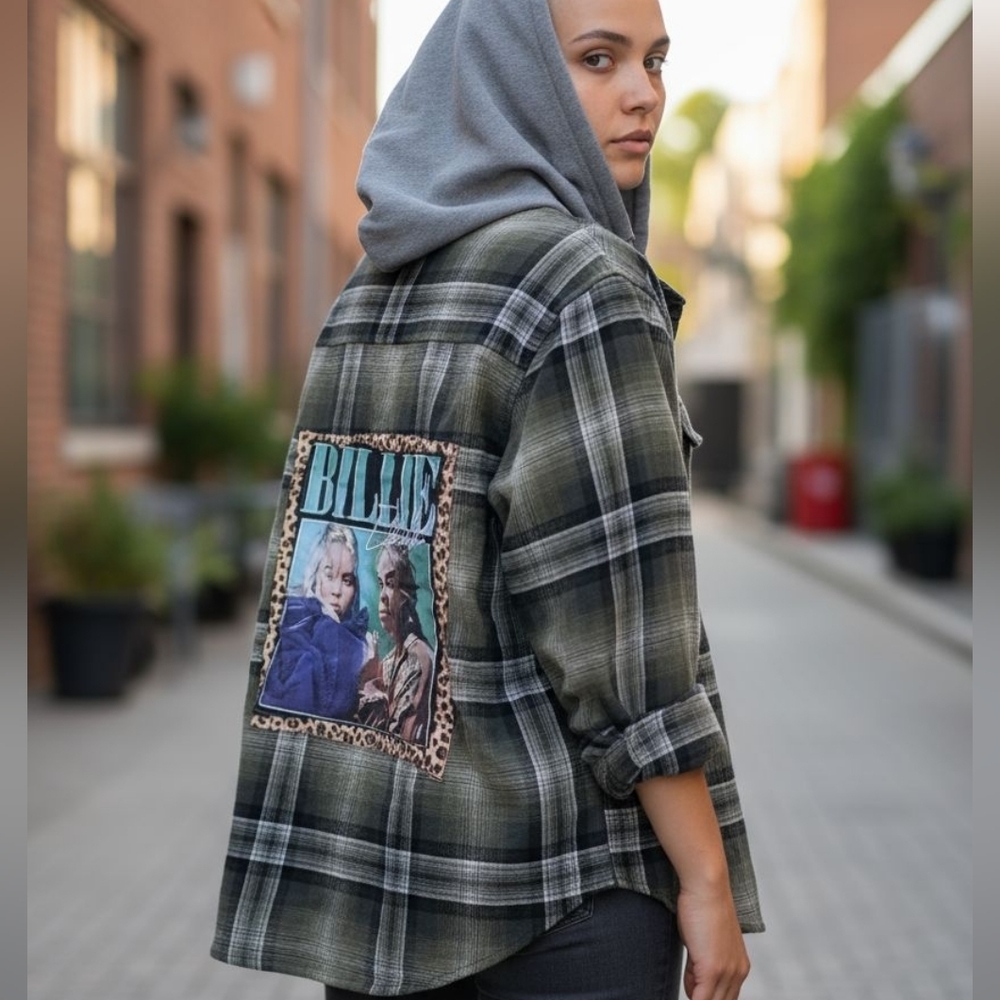 Old Navy Upcycled Billie Ellish  Flannel Hoodie. New with tag. Size Large